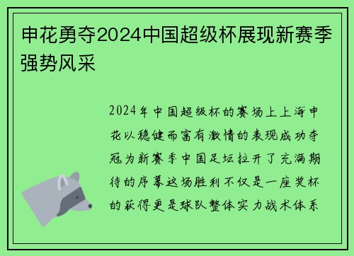 申花勇夺2024中国超级杯展现新赛季强势风采 申花勇夺2024中国超级杯展现新赛季强势风采